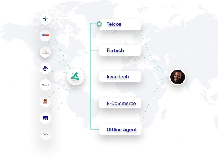 hero-section image with a diagram of the company's services. It is on a map background